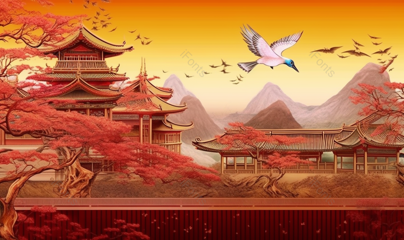 红色围墙建筑风景山水画,插画/手绘图,插画/手绘图库,插画/手绘图下载,插画/手绘